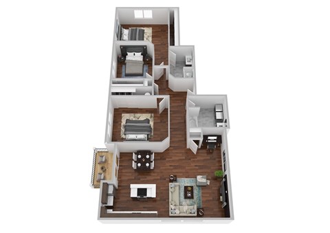 A floor plan of a house with a kitchen, living room, and two bedrooms.